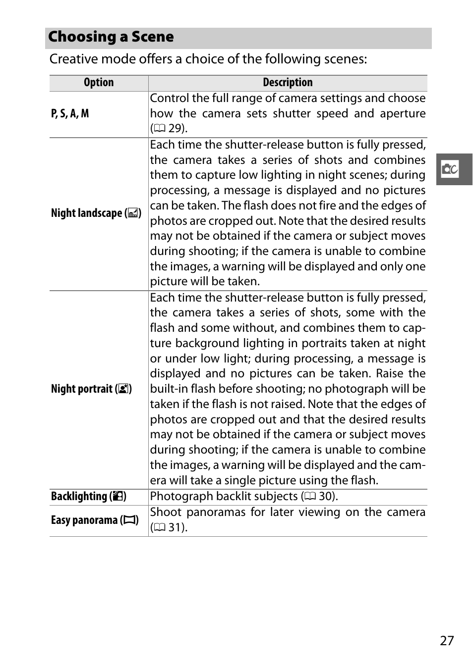 Choosing a scene | Nikon J2 User Manual | Page 29 / 96