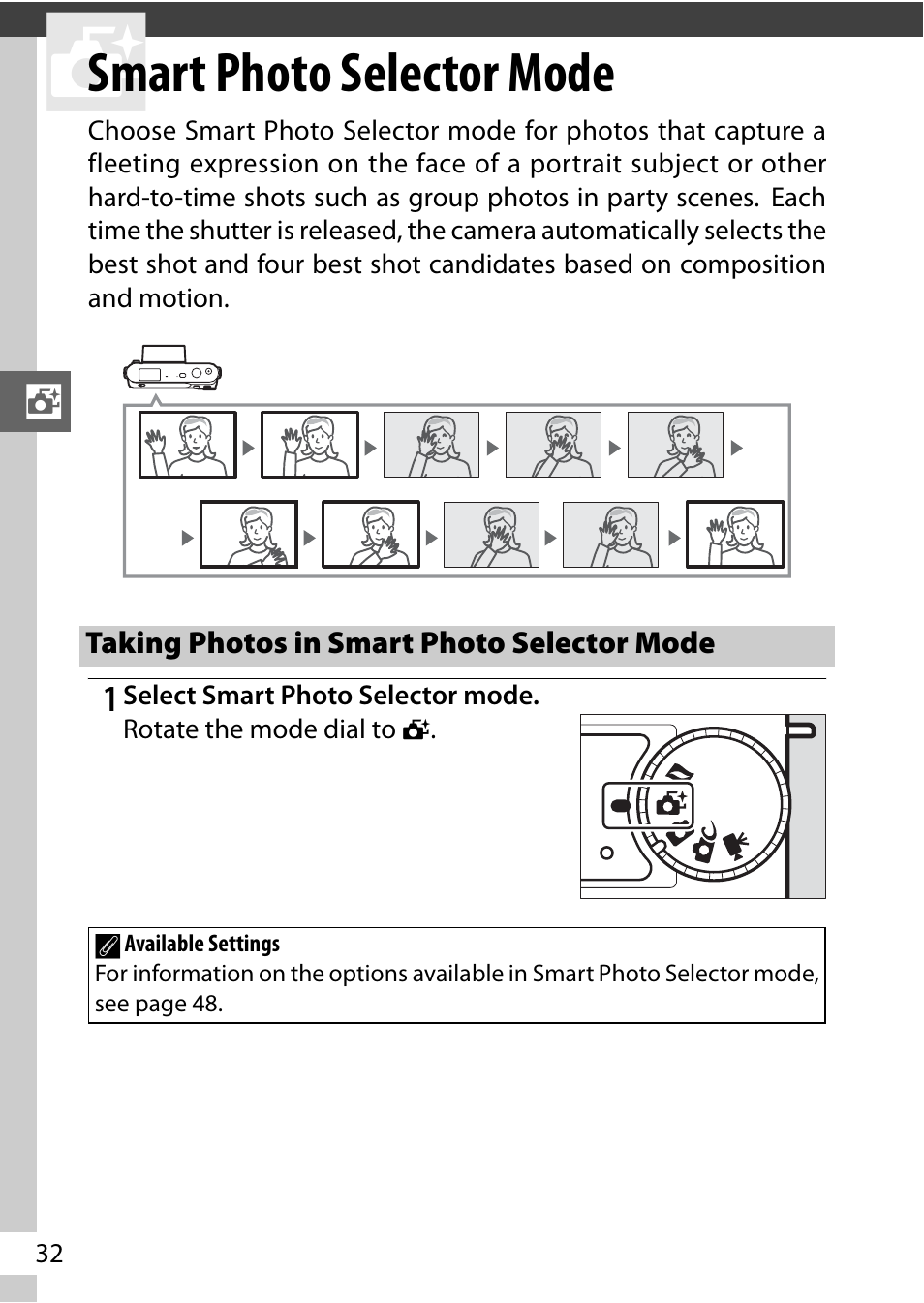 Smart photo selector mode, Taking photos in smart photo selector mode | Nikon J2 User Manual | Page 34 / 96