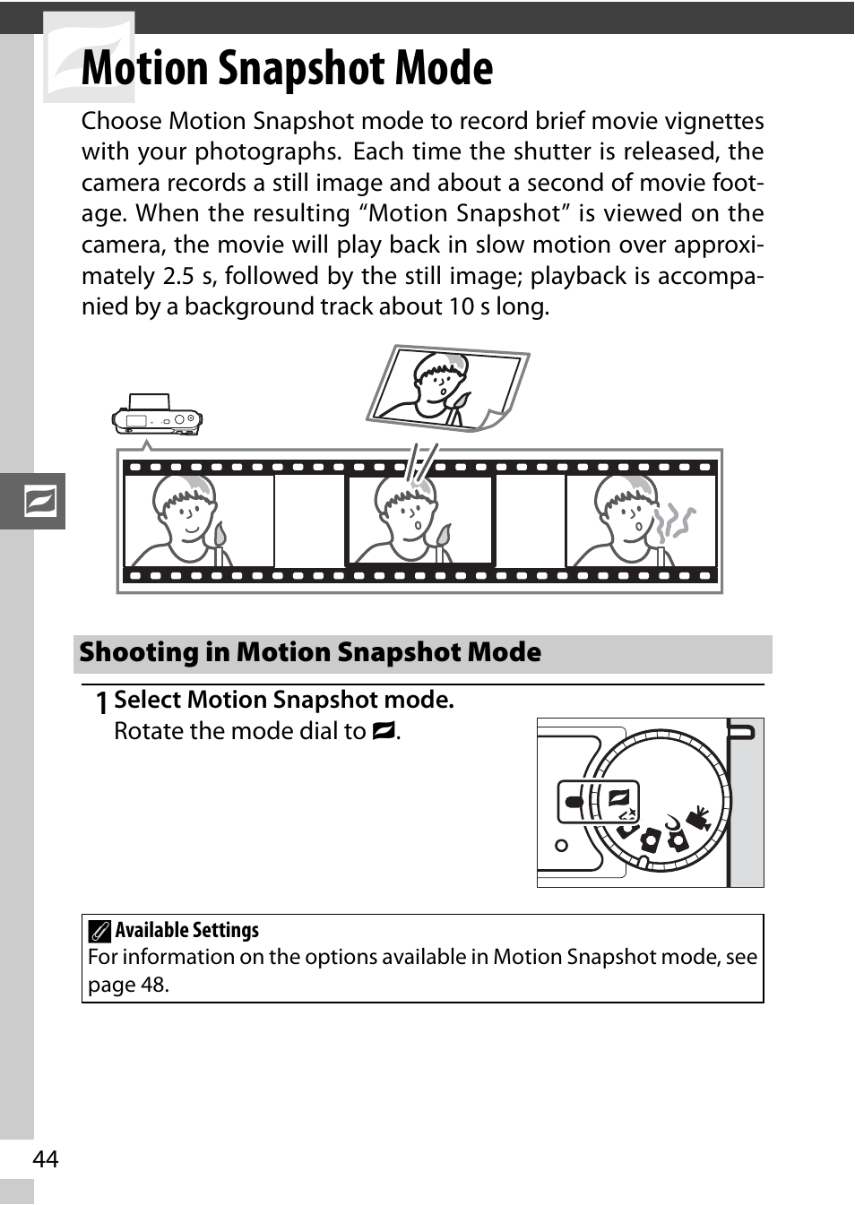 Motion snapshot mode, Shooting in motion snapshot mode, 0 44) t | Nikon J2 User Manual | Page 46 / 96
