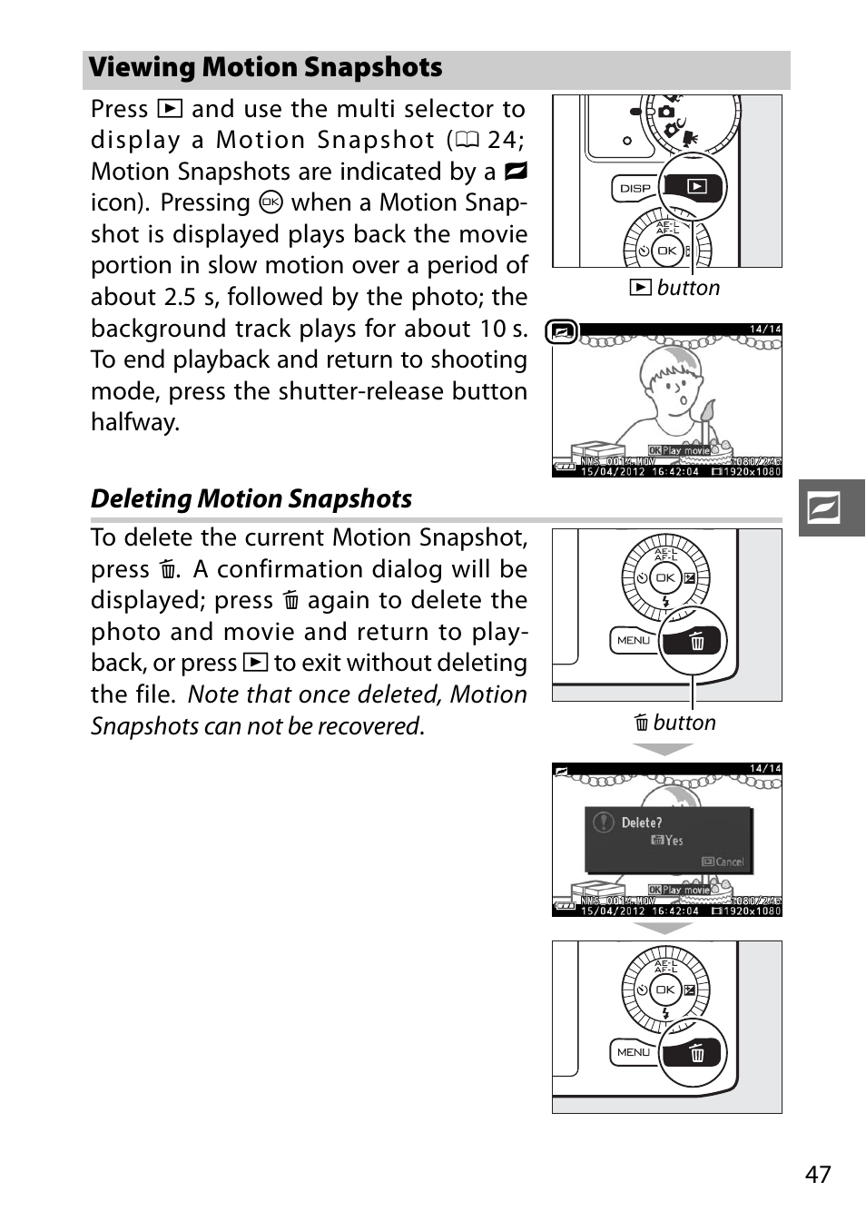 Viewing motion snapshots | Nikon J2 User Manual | Page 49 / 96