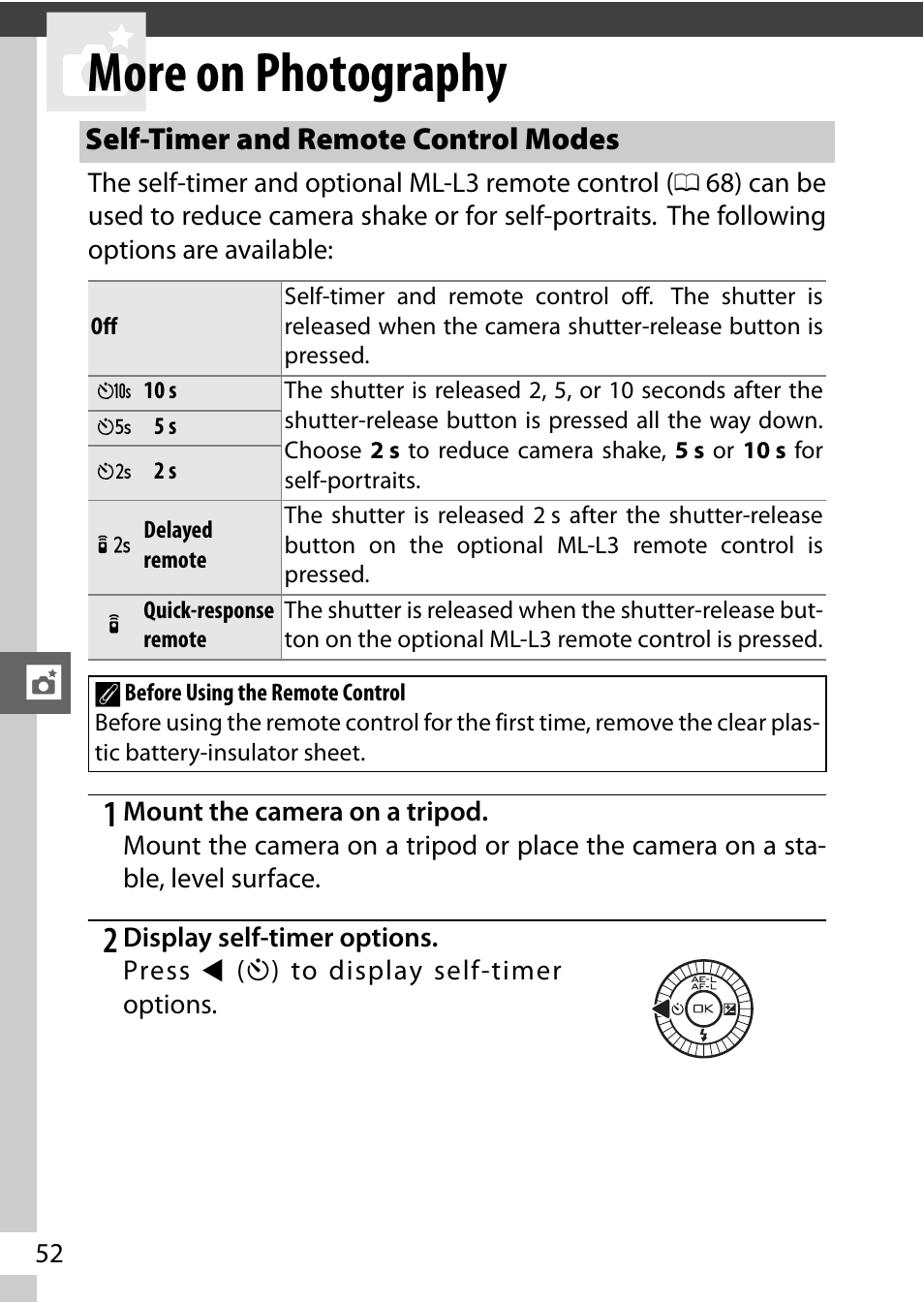 More on photography, Self-timer and remote control modes | Nikon J2 User Manual | Page 54 / 96