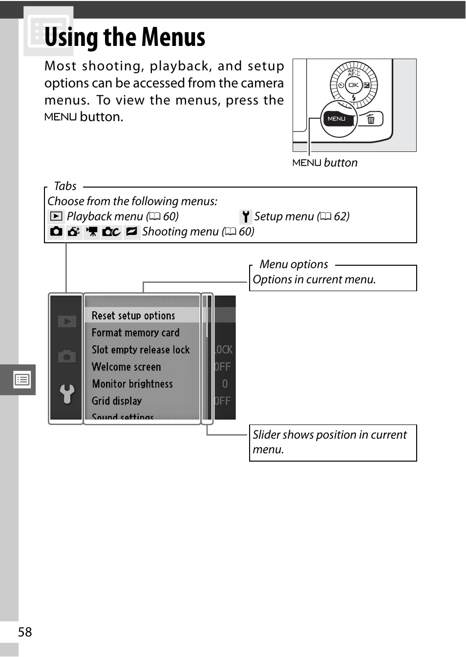 Using the menus | Nikon J2 User Manual | Page 60 / 96