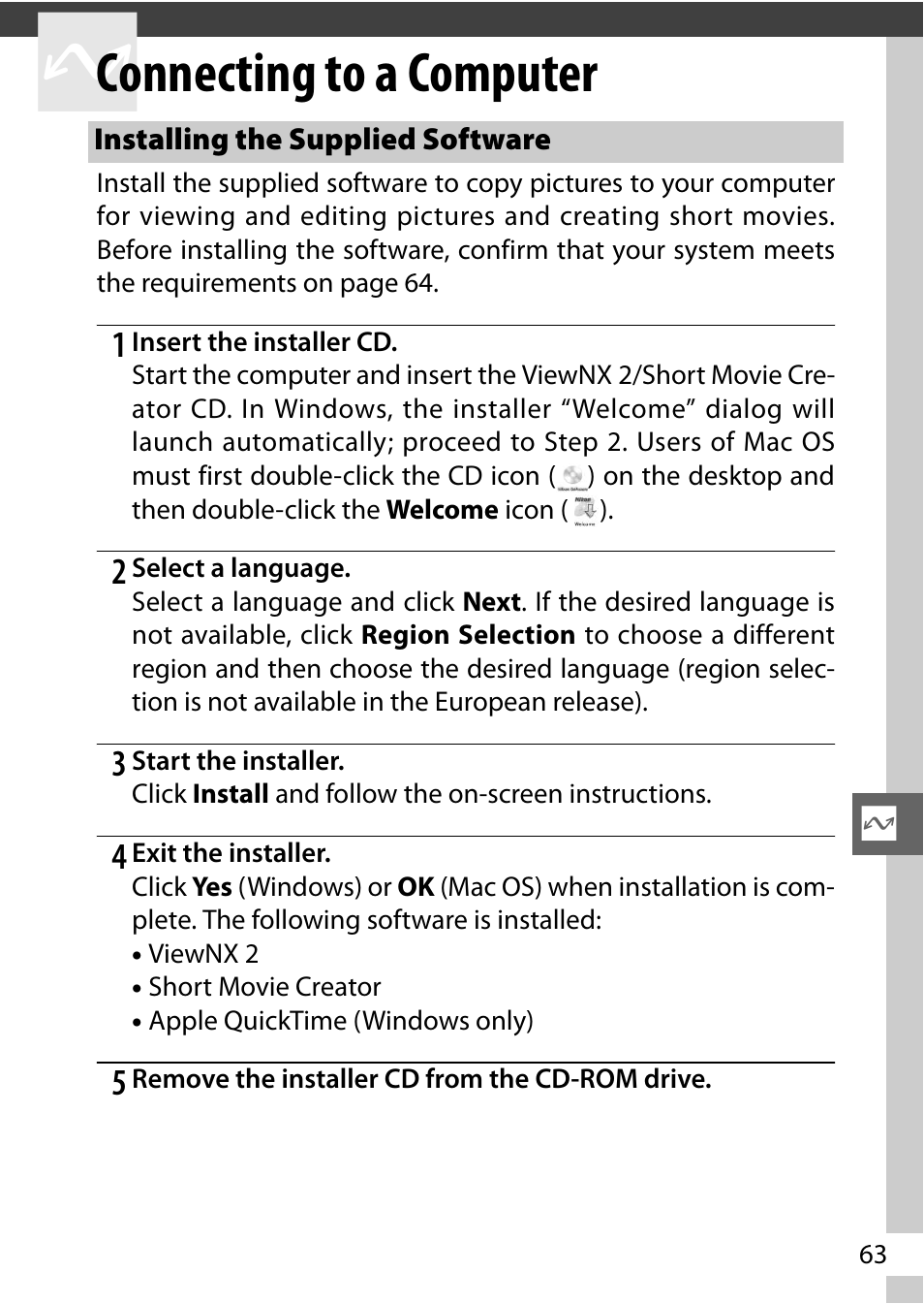 Connecting to a computer, Installing the supplied software | Nikon J2 User Manual | Page 65 / 96