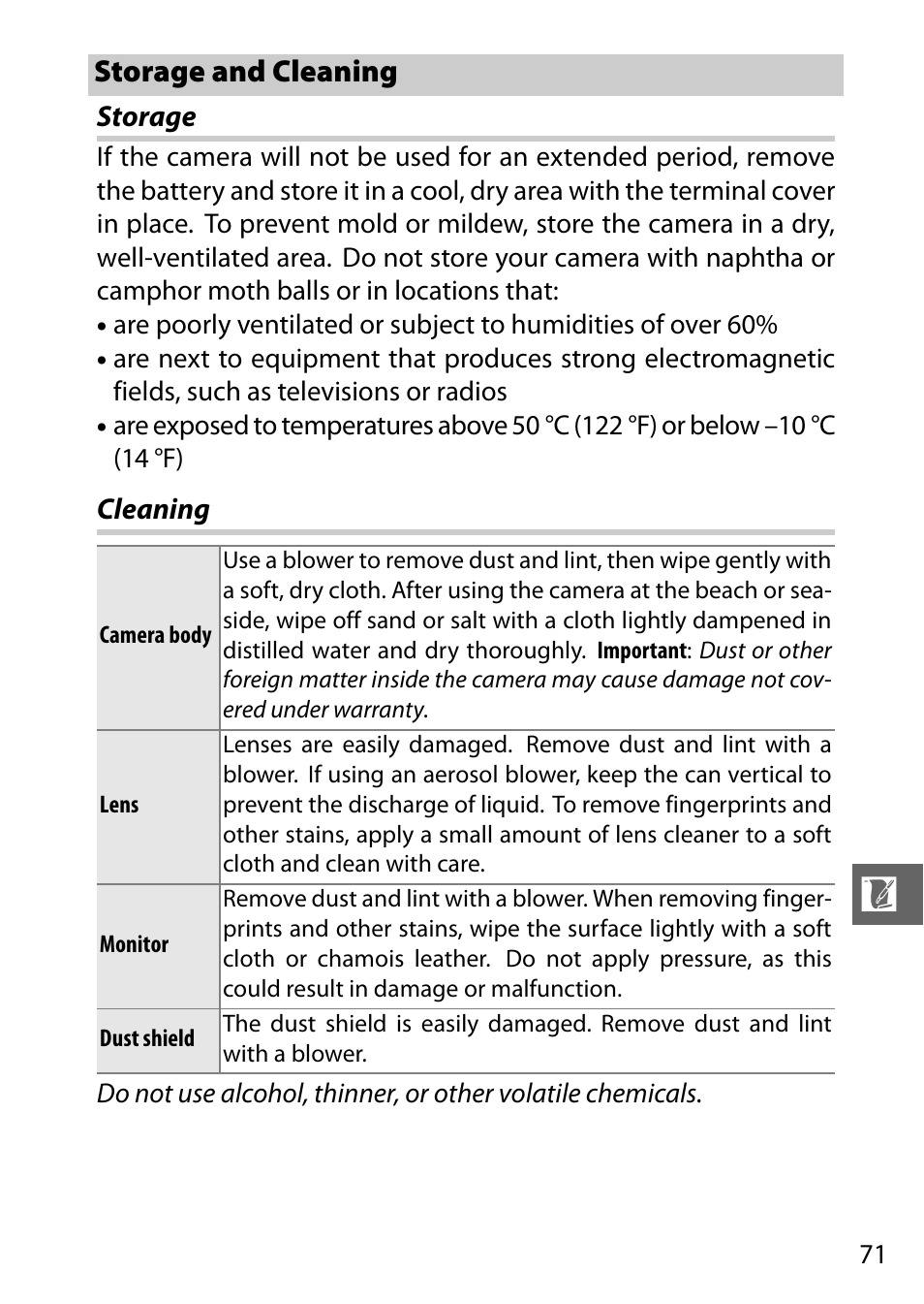 Storage and cleaning | Nikon J2 User Manual | Page 73 / 96