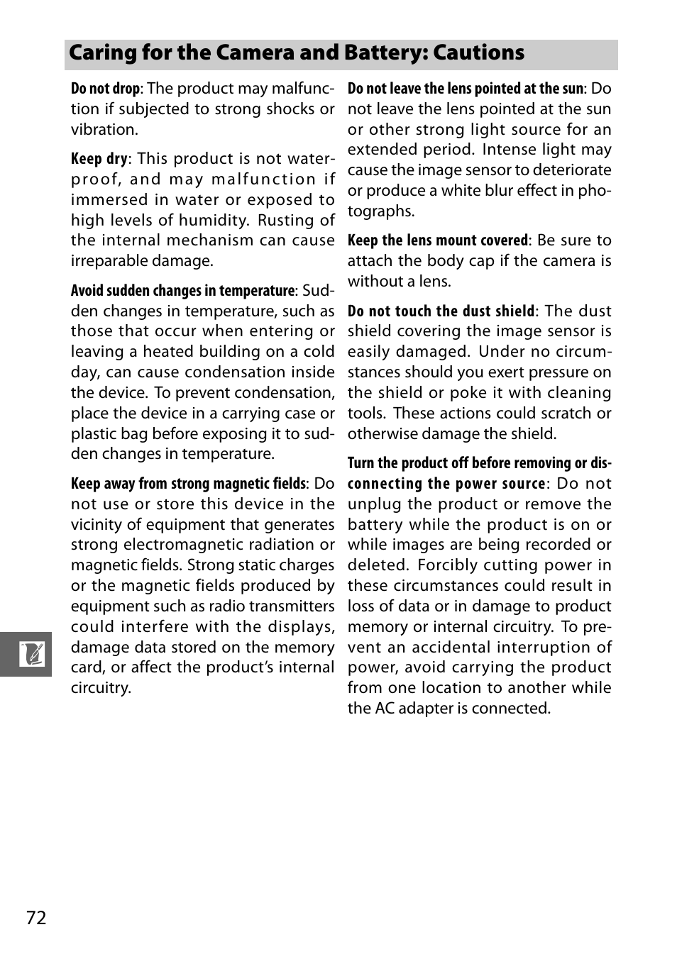 Caring for the camera and battery: cautions | Nikon J2 User Manual | Page 74 / 96