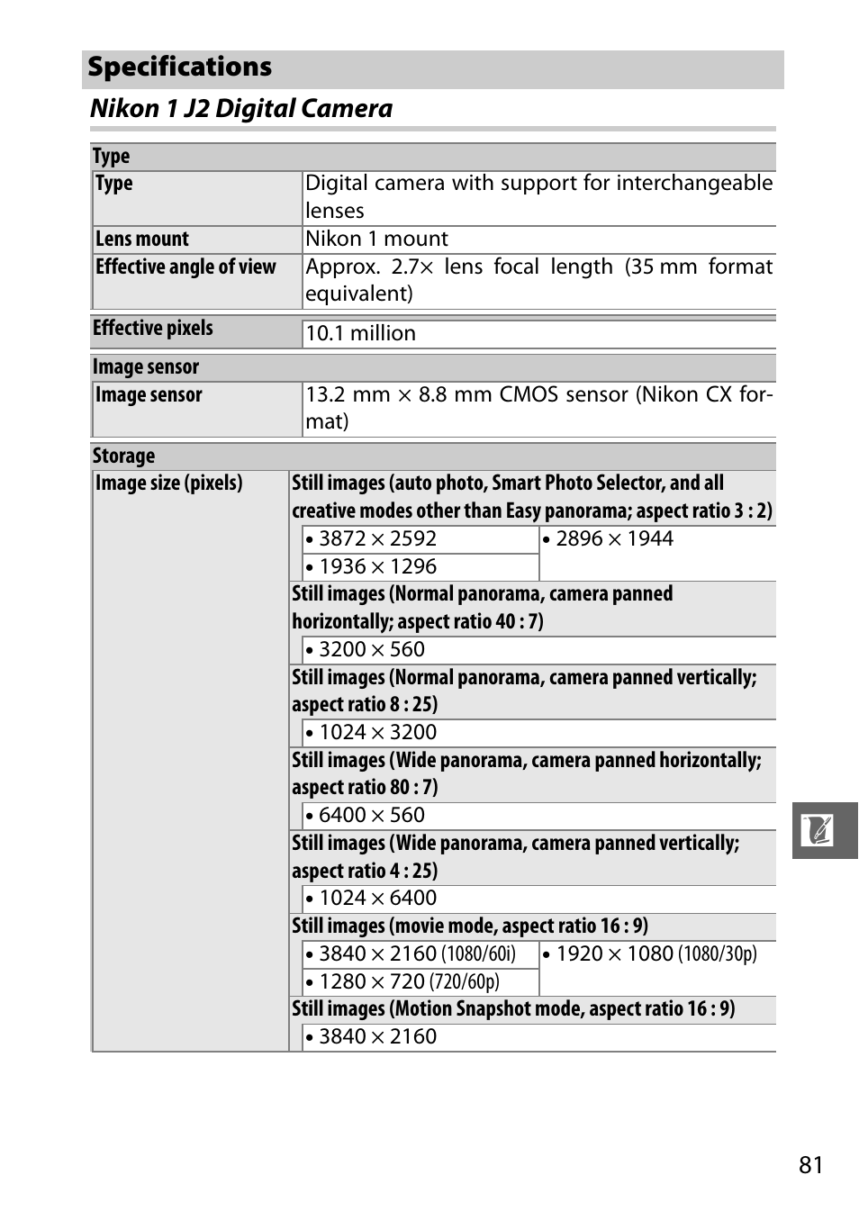 Specifications, Nikon 1 j2 digital camera | Nikon J2 User Manual | Page 83 / 96