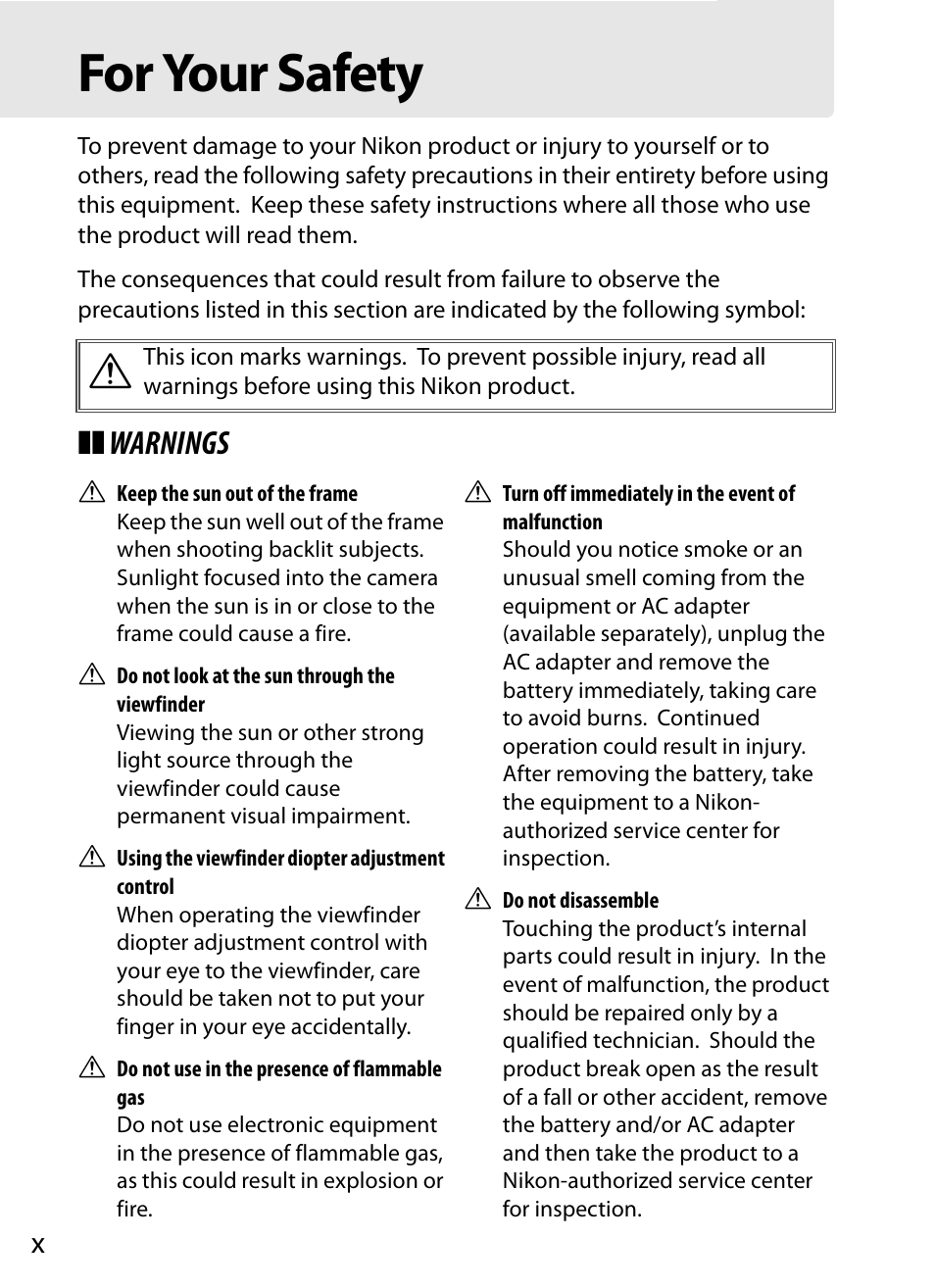 For your safety, Warnings | Nikon Df User Manual | Page 12 / 396