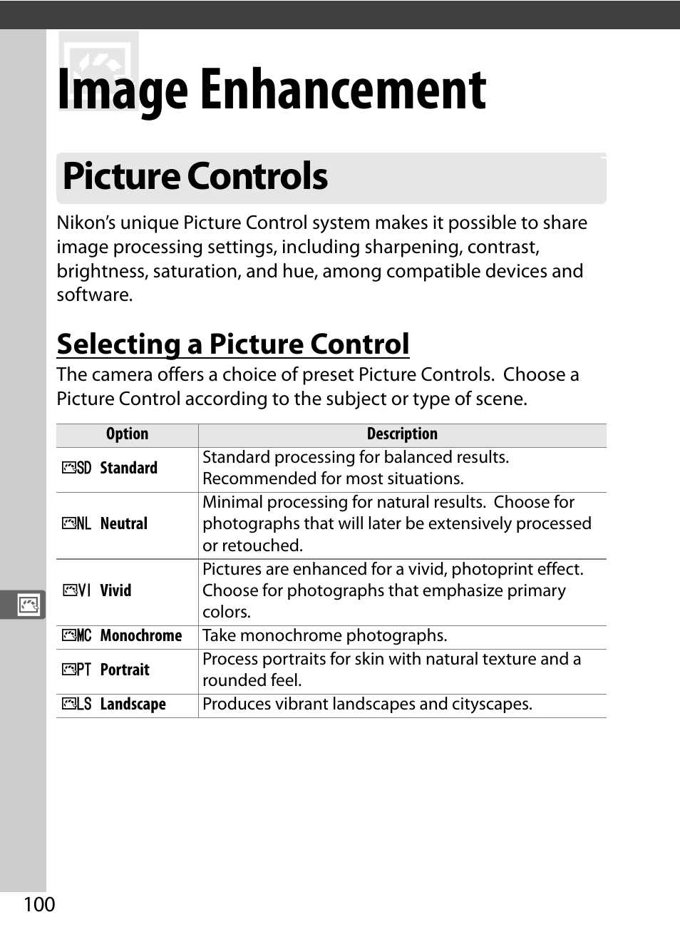 Image enhancement, Picture controls, Selecting a picture control | Nikon Df User Manual | Page 120 / 396