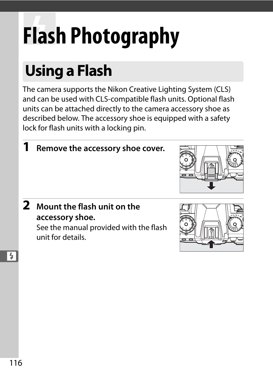 Flash photography, Using a flash | Nikon Df User Manual | Page 136 / 396