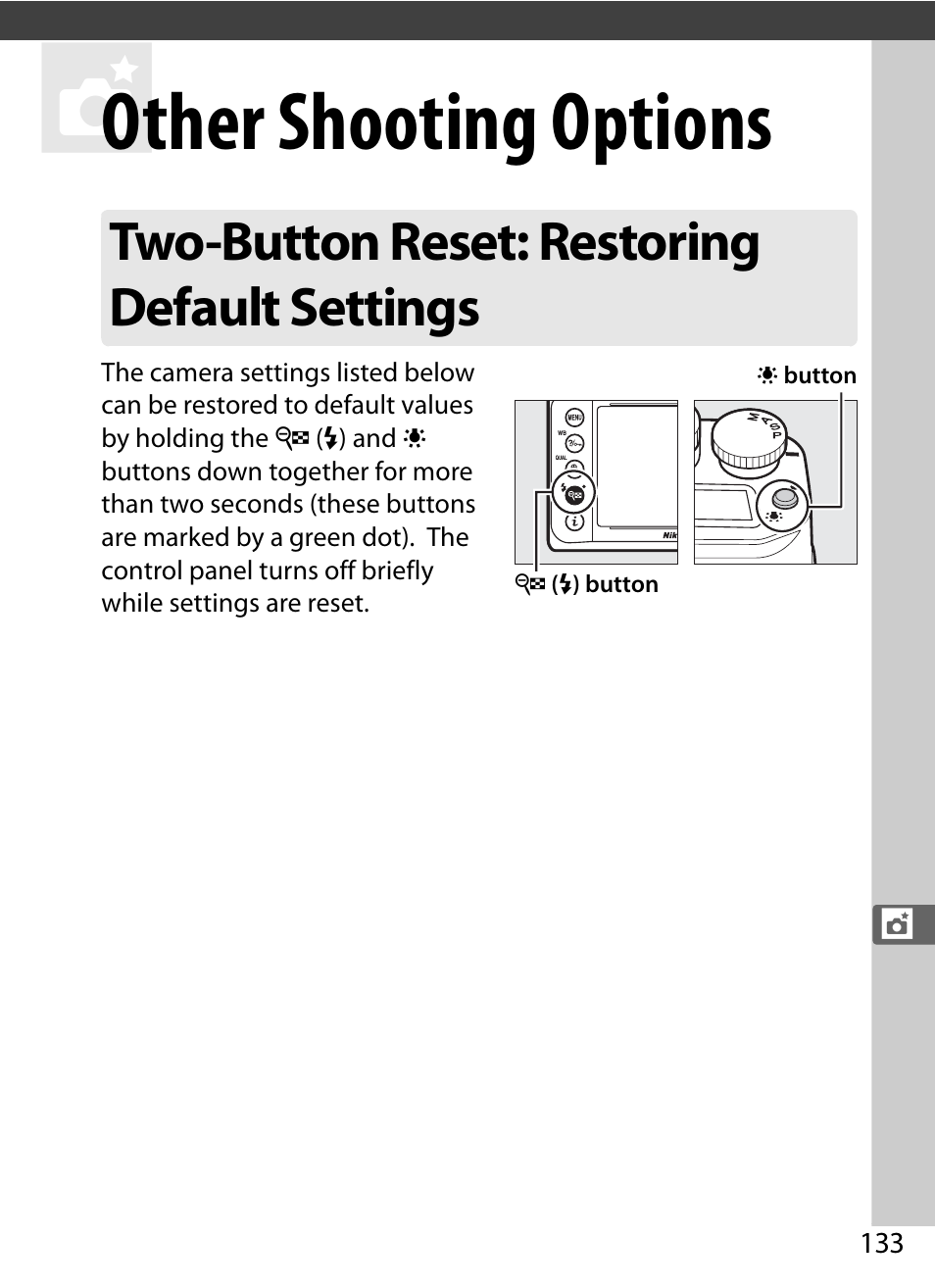 Other shooting options, Two-button reset: restoring default settings | Nikon Df User Manual | Page 153 / 396