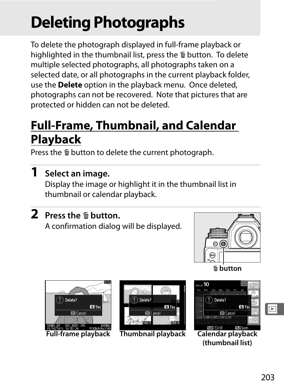 Deleting photographs, Full-frame, thumbnail, and calendar playback, 0 203), or pr | Nikon Df User Manual | Page 223 / 396