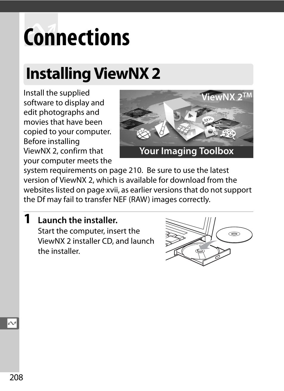Connections, Installing viewnx 2 | Nikon Df User Manual | Page 228 / 396