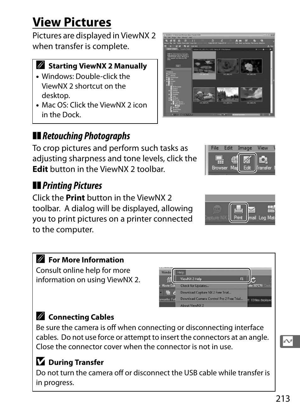 View pictures, Retouching photographs, Printing pictures | Nikon Df User Manual | Page 233 / 396
