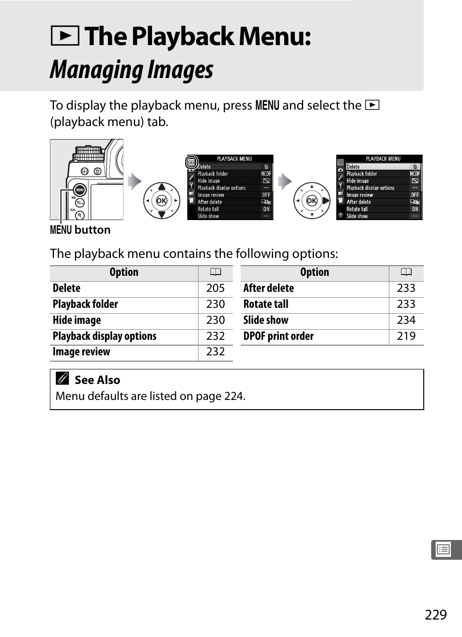 The playback menu: managing images, D the playback menu: managing images | Nikon Df User Manual | Page 249 / 396