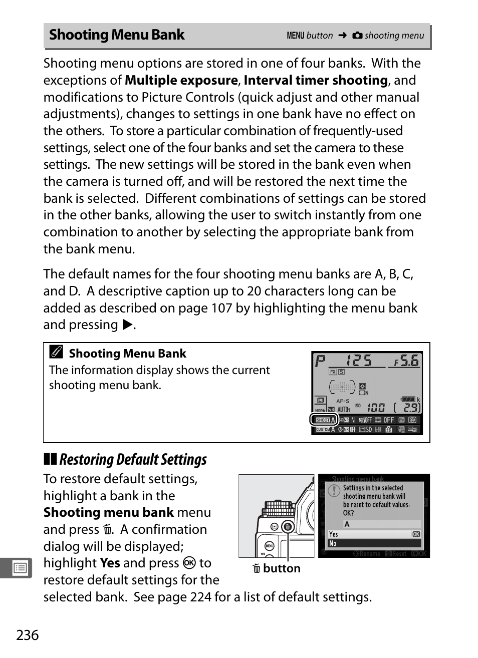 Shooting menu bank, Restoring default settings | Nikon Df User Manual | Page 256 / 396