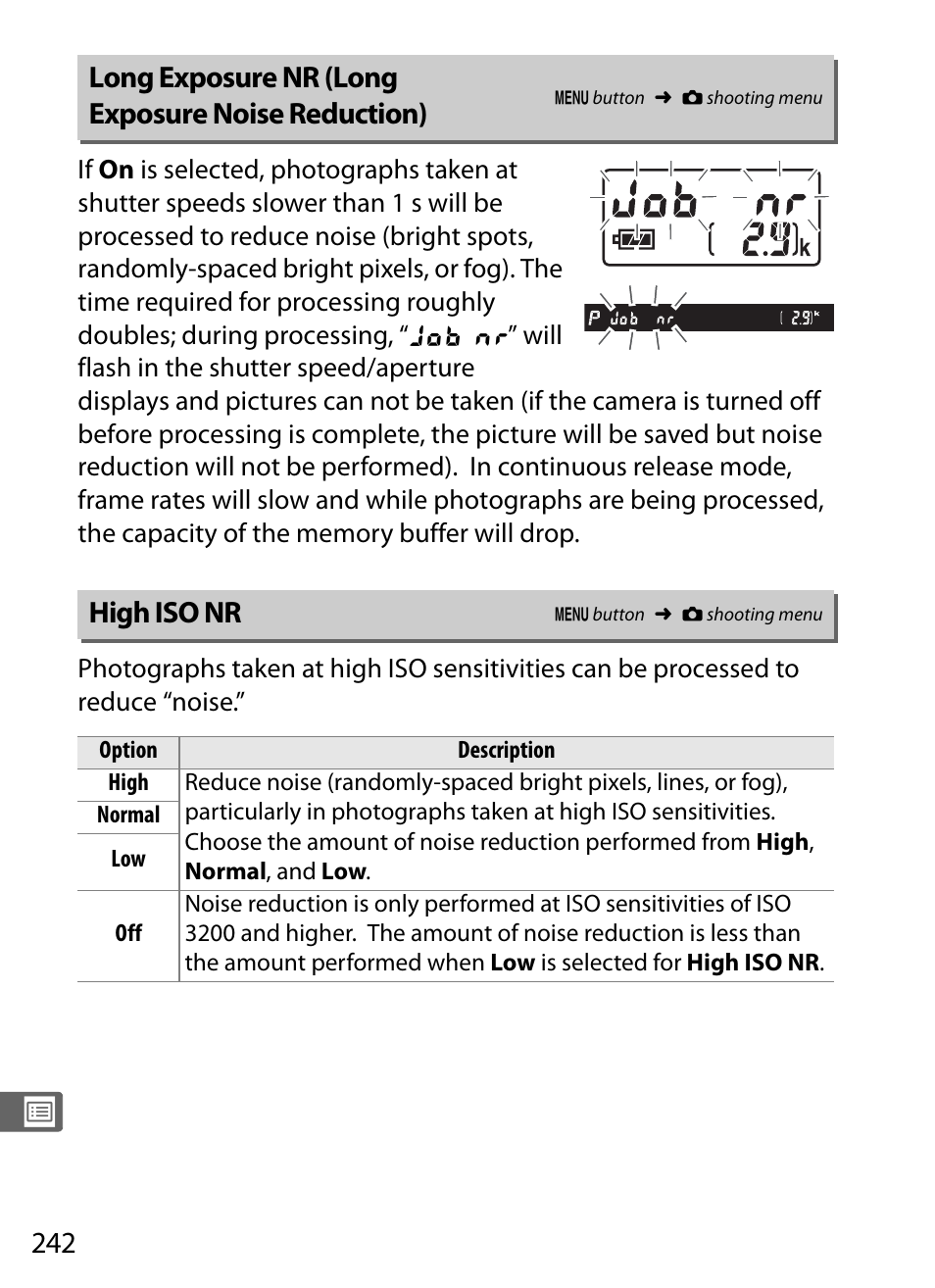 Long exposure nr (long exposure noise reduction), High iso nr | Nikon Df User Manual | Page 262 / 396