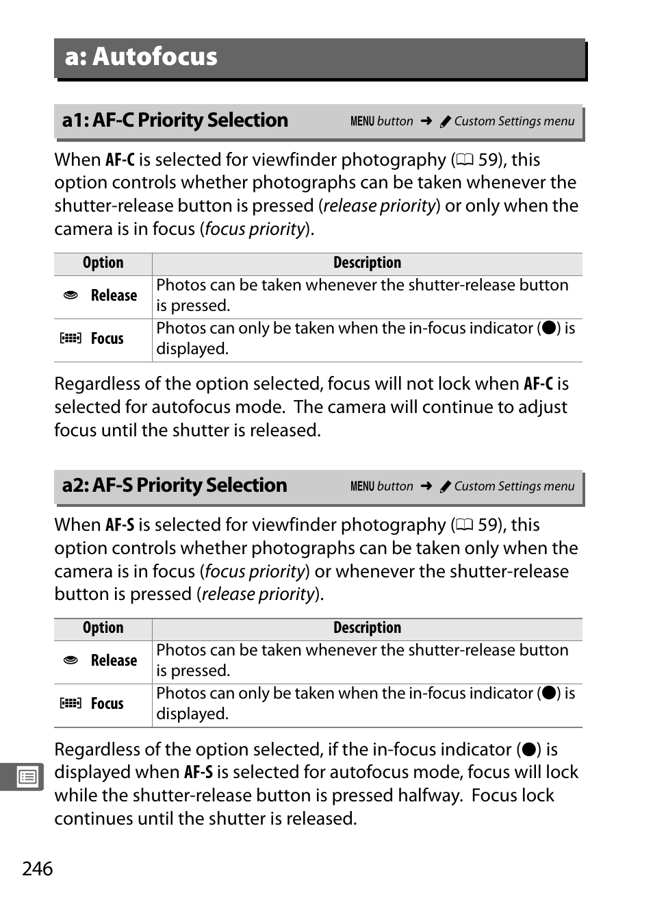A: autofocus, A1: af-c priority selection, A2: af-s priority selection | 0 246) and a2, 0 246), and the in-f, Ion (0 246) | Nikon Df User Manual | Page 266 / 396