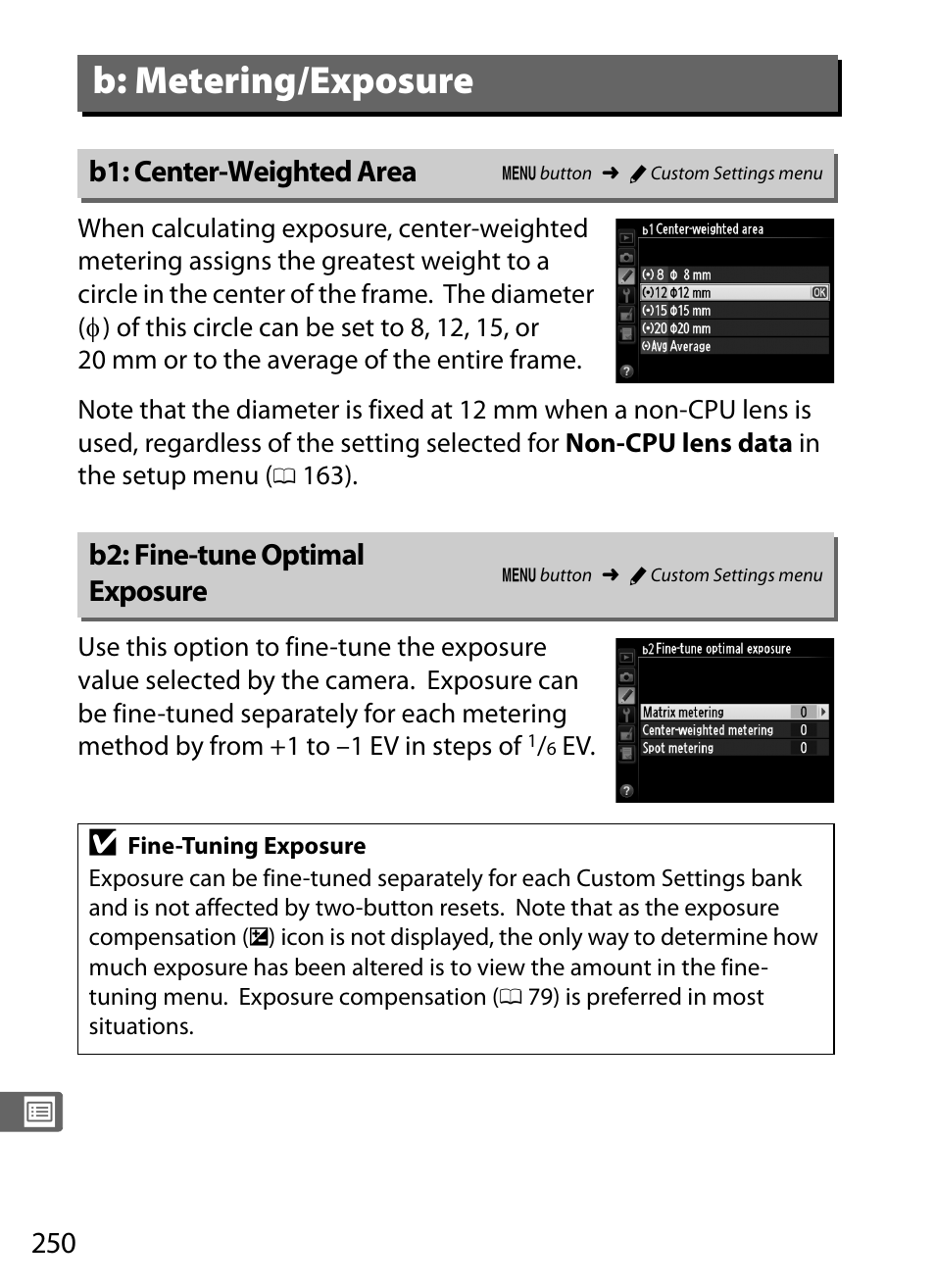 B: metering/exposure, B1: center-weighted area, B2: fine-tune optimal exposure | 0 250) h, Ea (0 250), E (0 250 | Nikon Df User Manual | Page 270 / 396