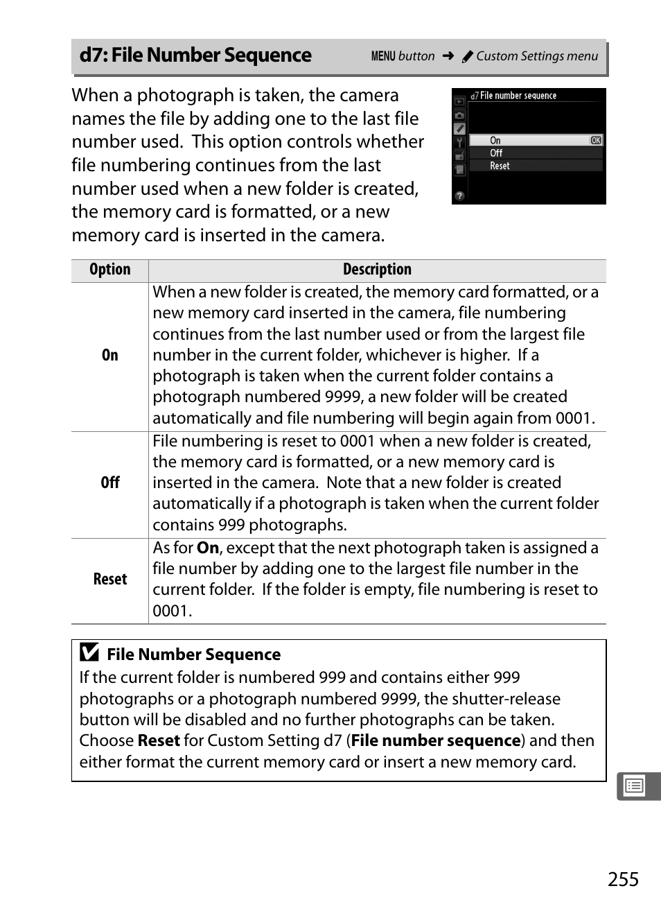 D7: file number sequence, E (0 255) | Nikon Df User Manual | Page 275 / 396