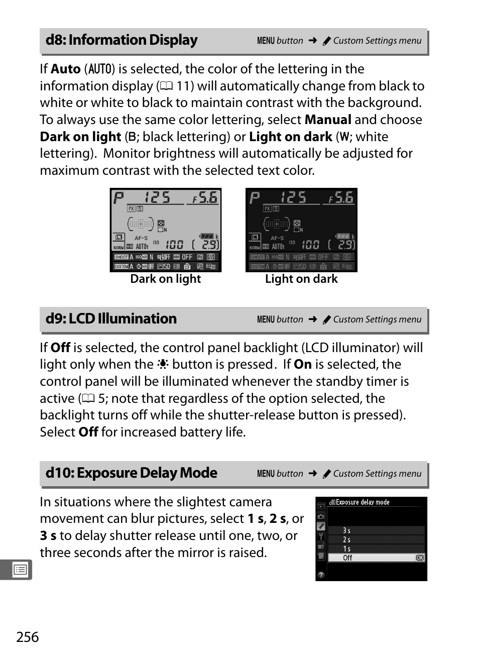 D8: information display, D9: lcd illumination, D10: exposure delay mode | 0 256). the, Y mode (0 256) | Nikon Df User Manual | Page 276 / 396