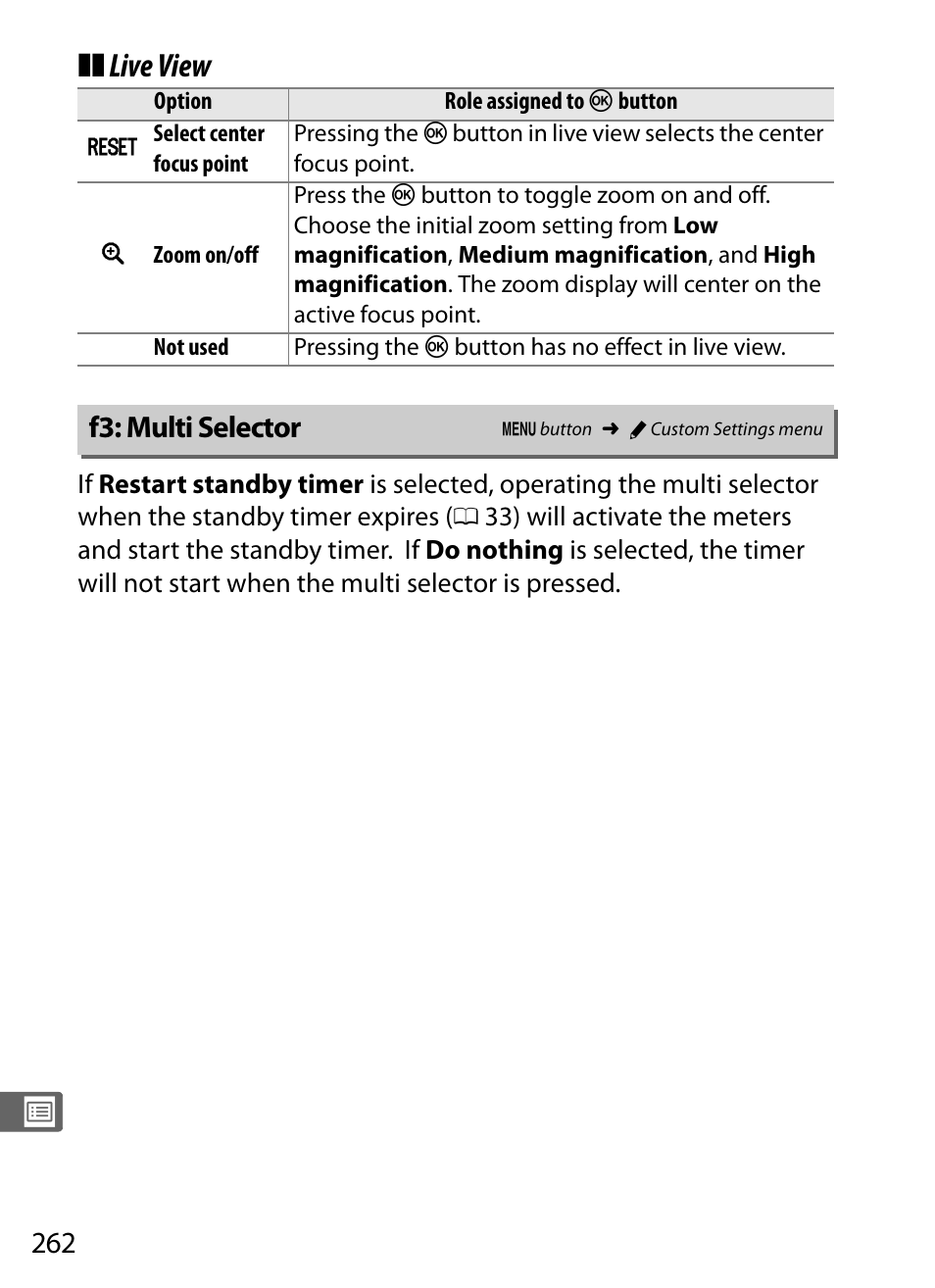 F3: multi selector, Live view | Nikon Df User Manual | Page 282 / 396