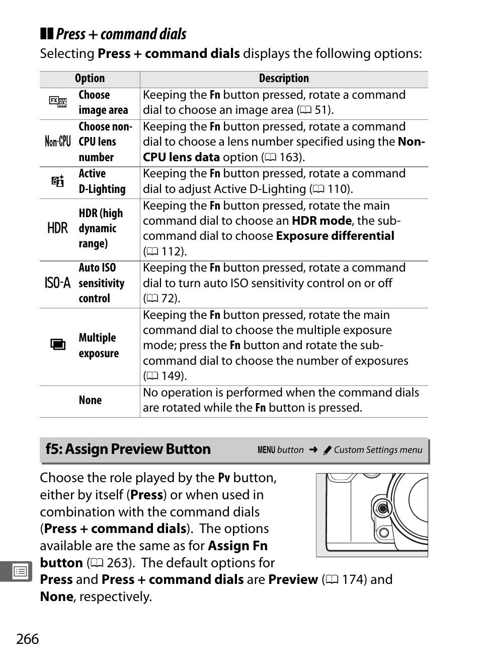 F5: assign preview button, 0 266), o, Press + command dials | Nikon Df User Manual | Page 286 / 396