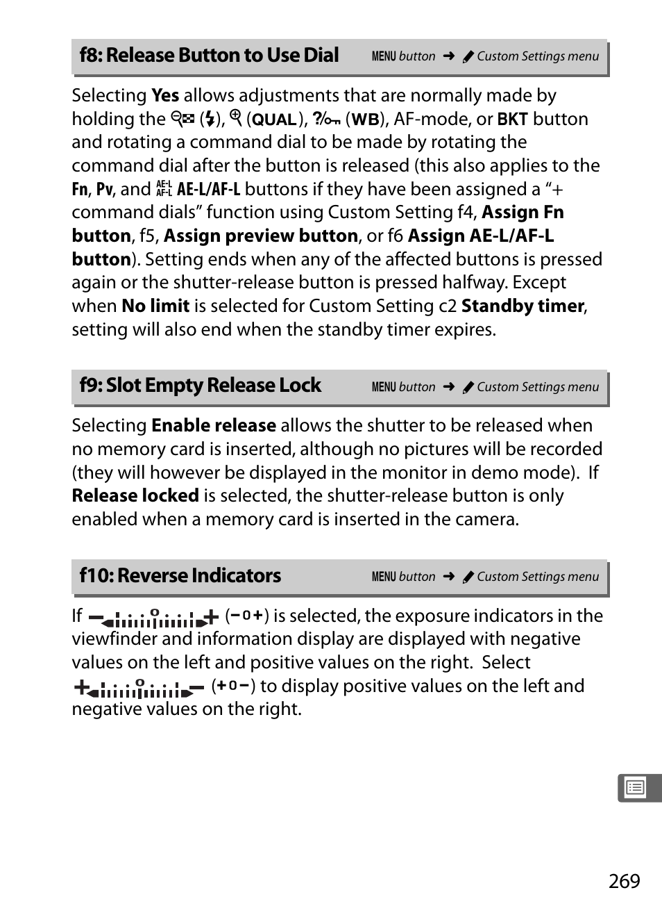 F8: release button to use dial, F9: slot empty release lock, F10: reverse indicators | E lock (0 269) | Nikon Df User Manual | Page 289 / 396