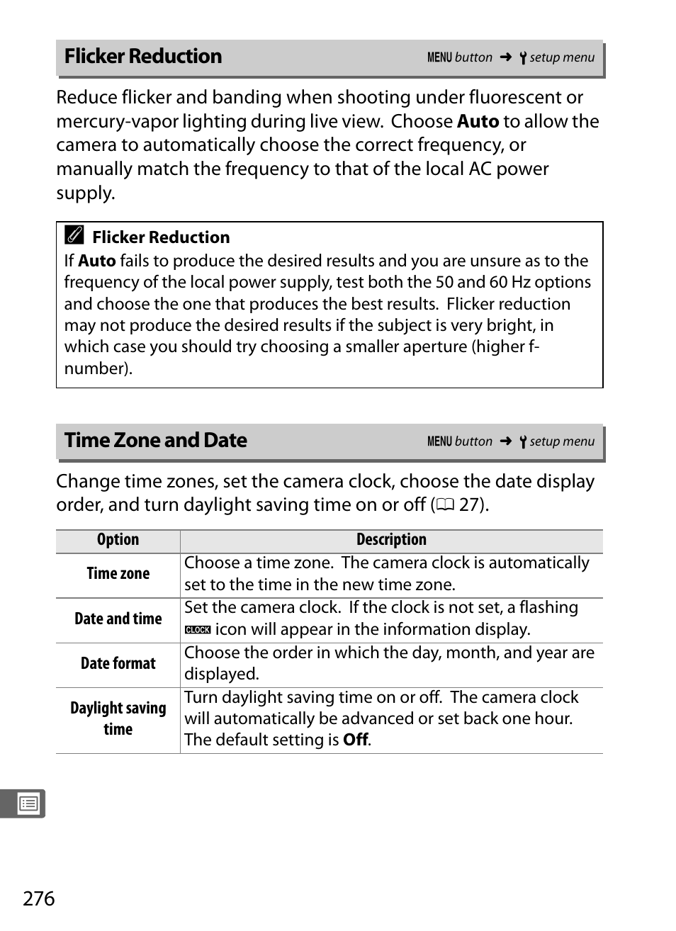 Flicker reduction, Time zone and date, Ion (0 276) | Nikon Df User Manual | Page 296 / 396