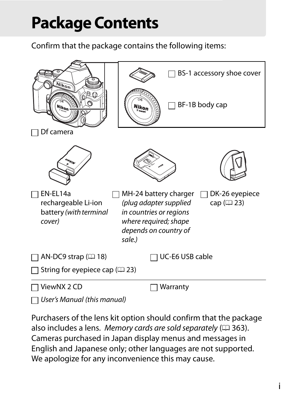 Package contents | Nikon Df User Manual | Page 3 / 396