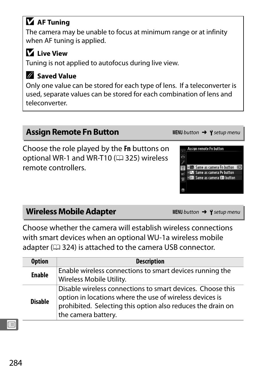Assign remote fn button, Wireless mobile adapter, Tton (0 284) | Nikon Df User Manual | Page 304 / 396