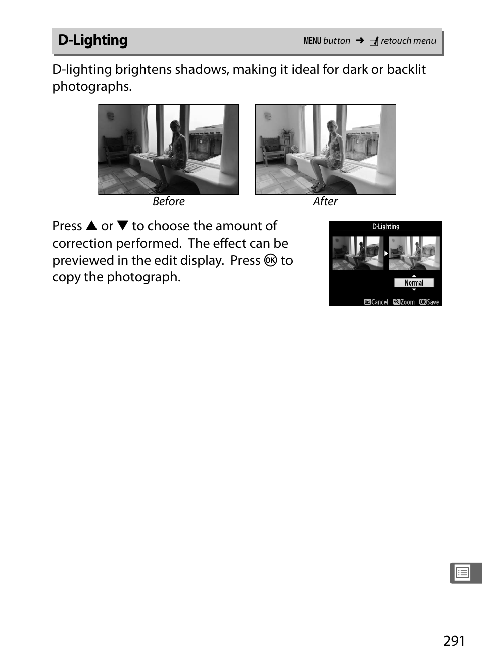 D-lighting | Nikon Df User Manual | Page 311 / 396
