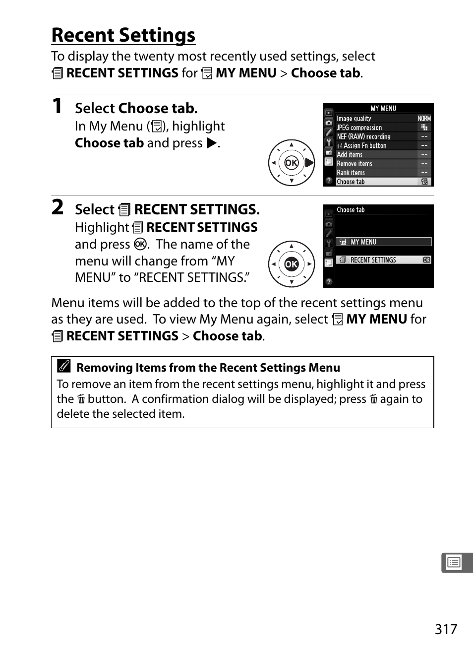 Recent settings | Nikon Df User Manual | Page 337 / 396
