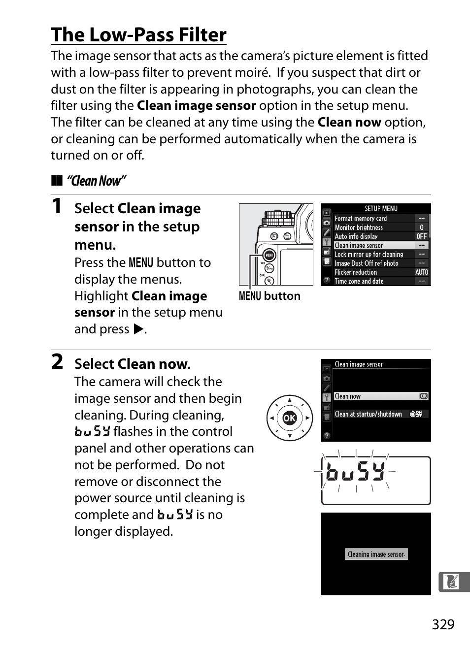The low-pass filter, Clean now | Nikon Df User Manual | Page 349 / 396