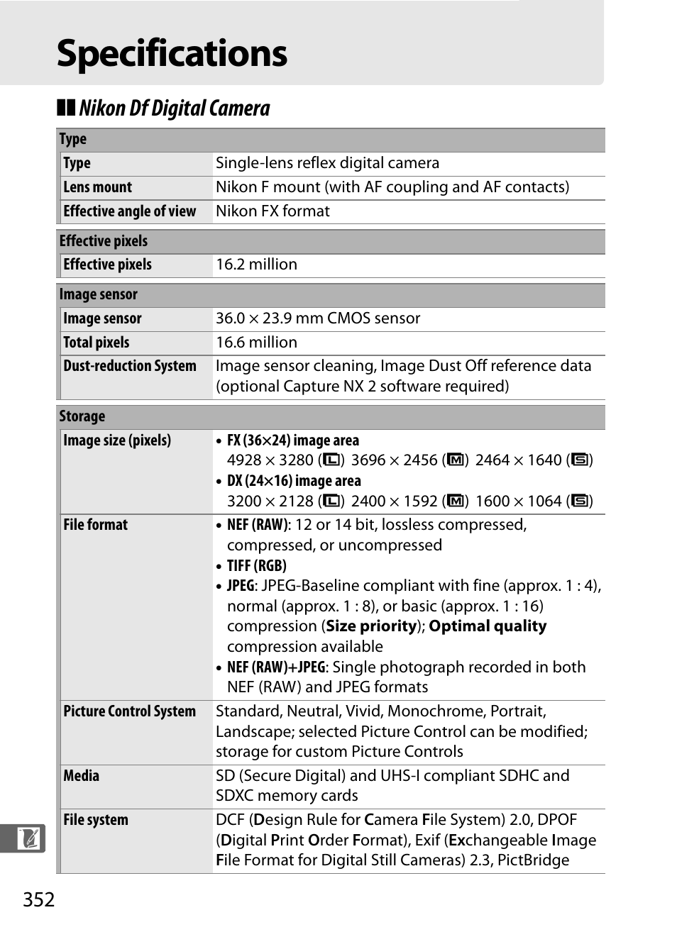 Specifications, Nikon df digital camera | Nikon Df User Manual | Page 372 / 396