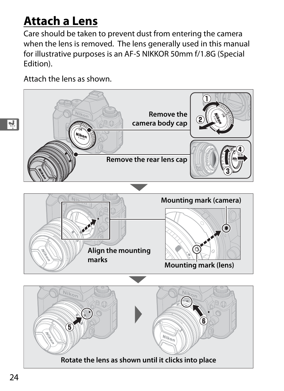 Attach a lens | Nikon Df User Manual | Page 44 / 396