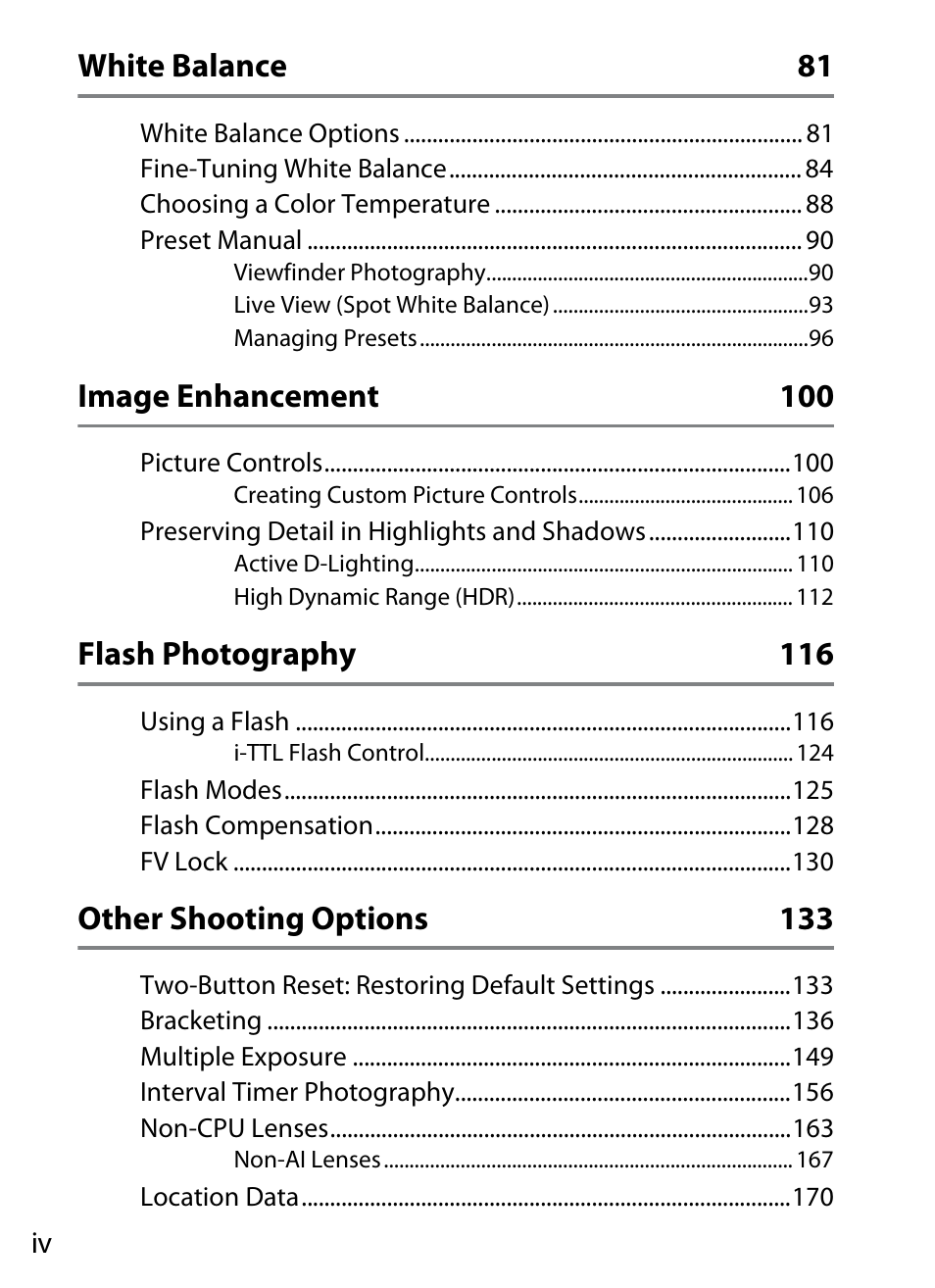 White balance 81, Image enhancement 100, Flash photography 116 | Other shooting options 133 | Nikon Df User Manual | Page 6 / 396