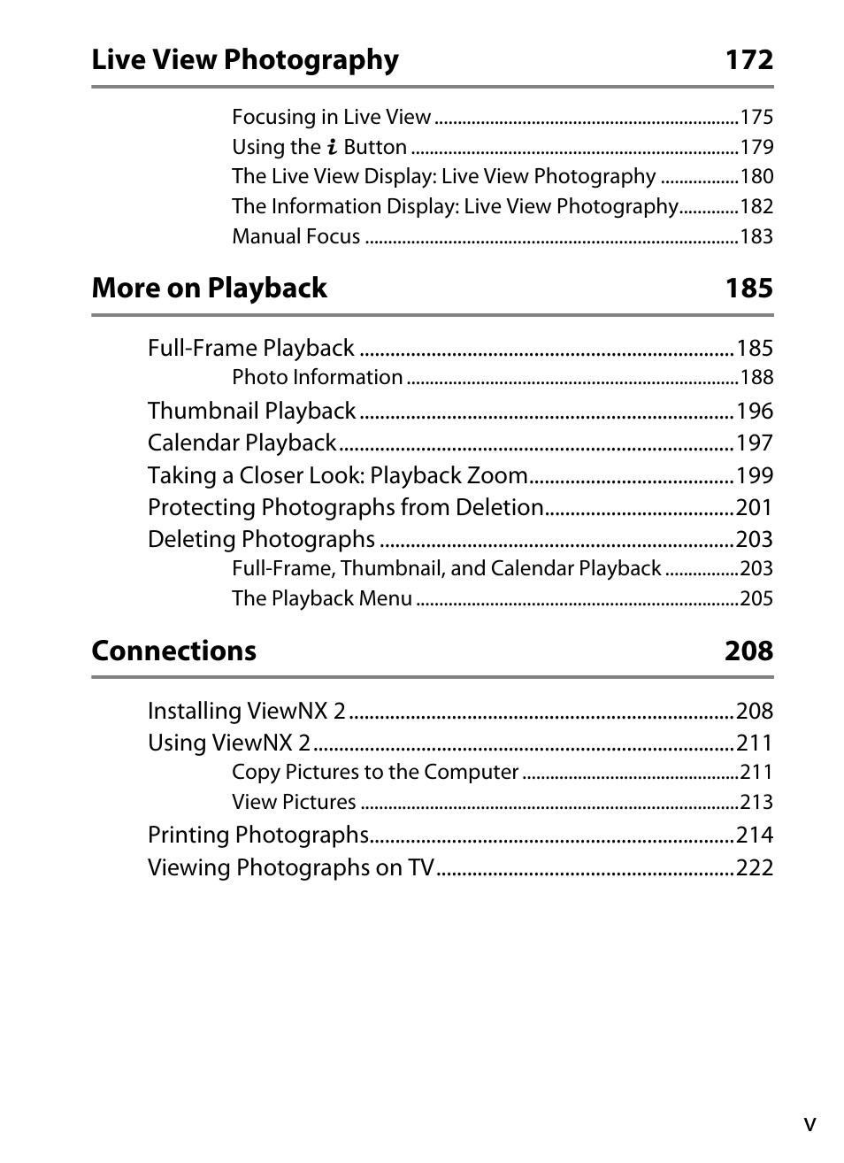 Live view photography 172, More on playback 185, Connections 208 | Nikon Df User Manual | Page 7 / 396