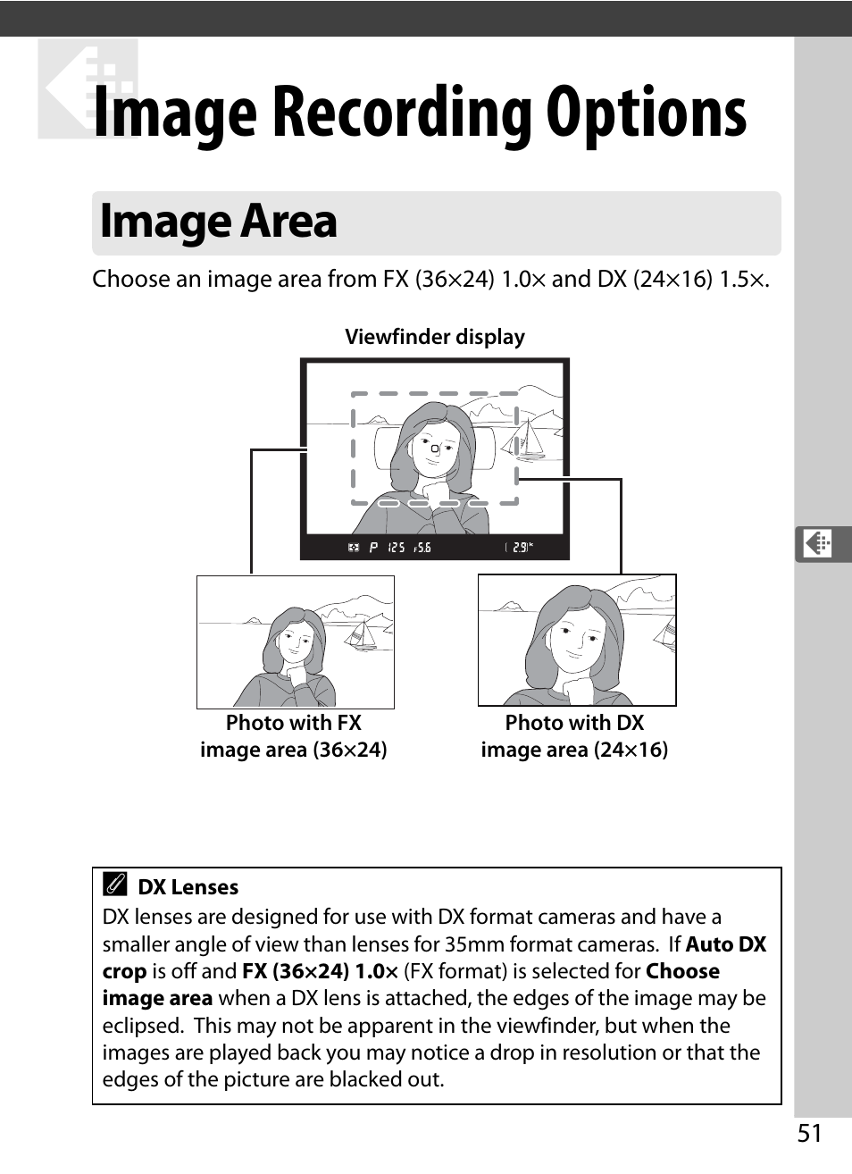 Image recording options, Image area | Nikon Df User Manual | Page 71 / 396