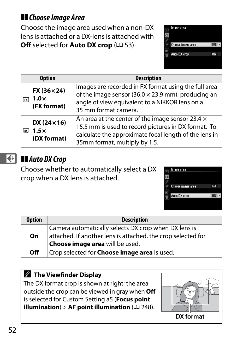 Choose image area, Auto dx crop | Nikon Df User Manual | Page 72 / 396