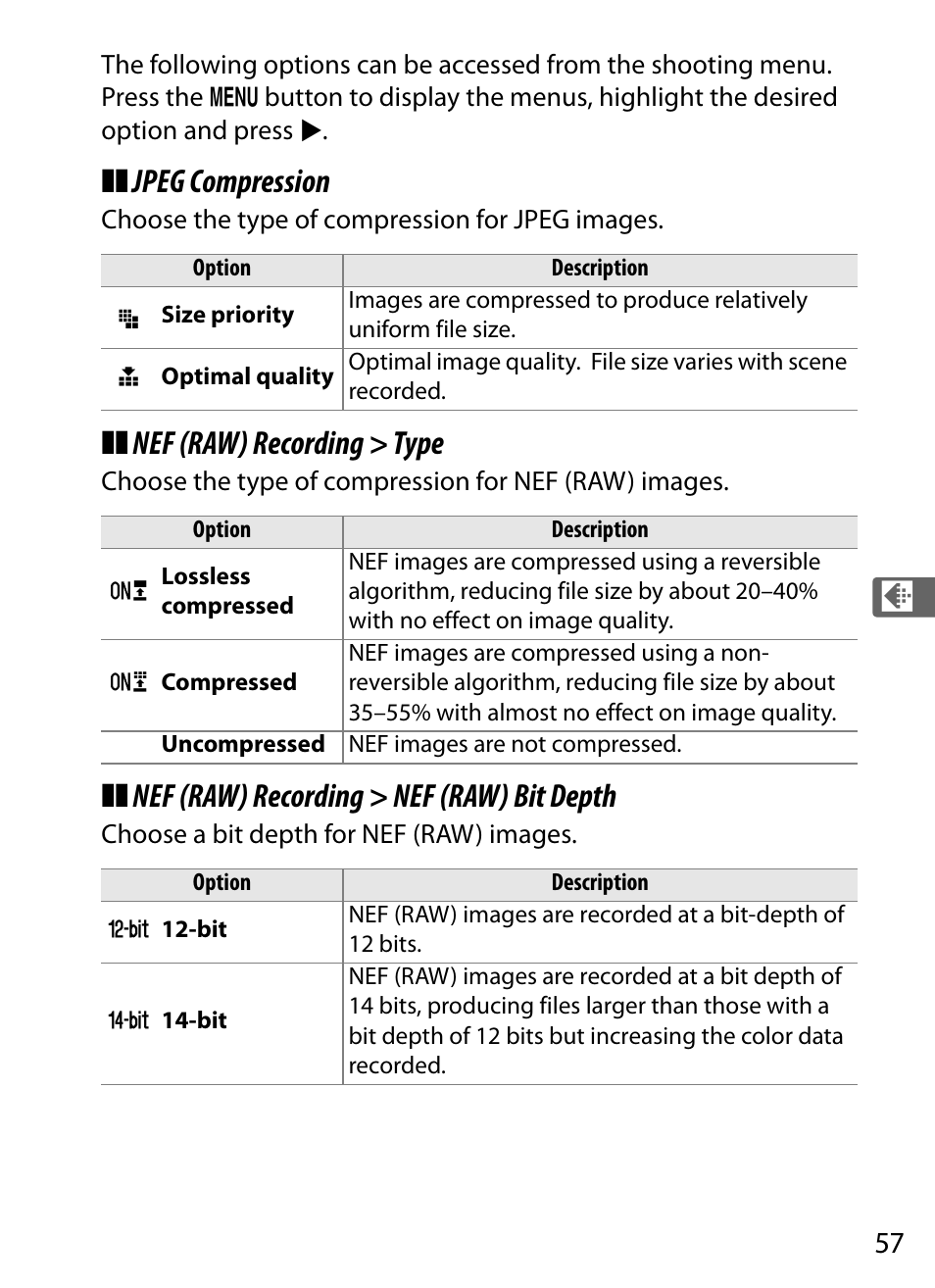 Jpeg compression, Nef (raw) recording > type, Nef (raw) recording > nef (raw) bit depth | Nikon Df User Manual | Page 77 / 396