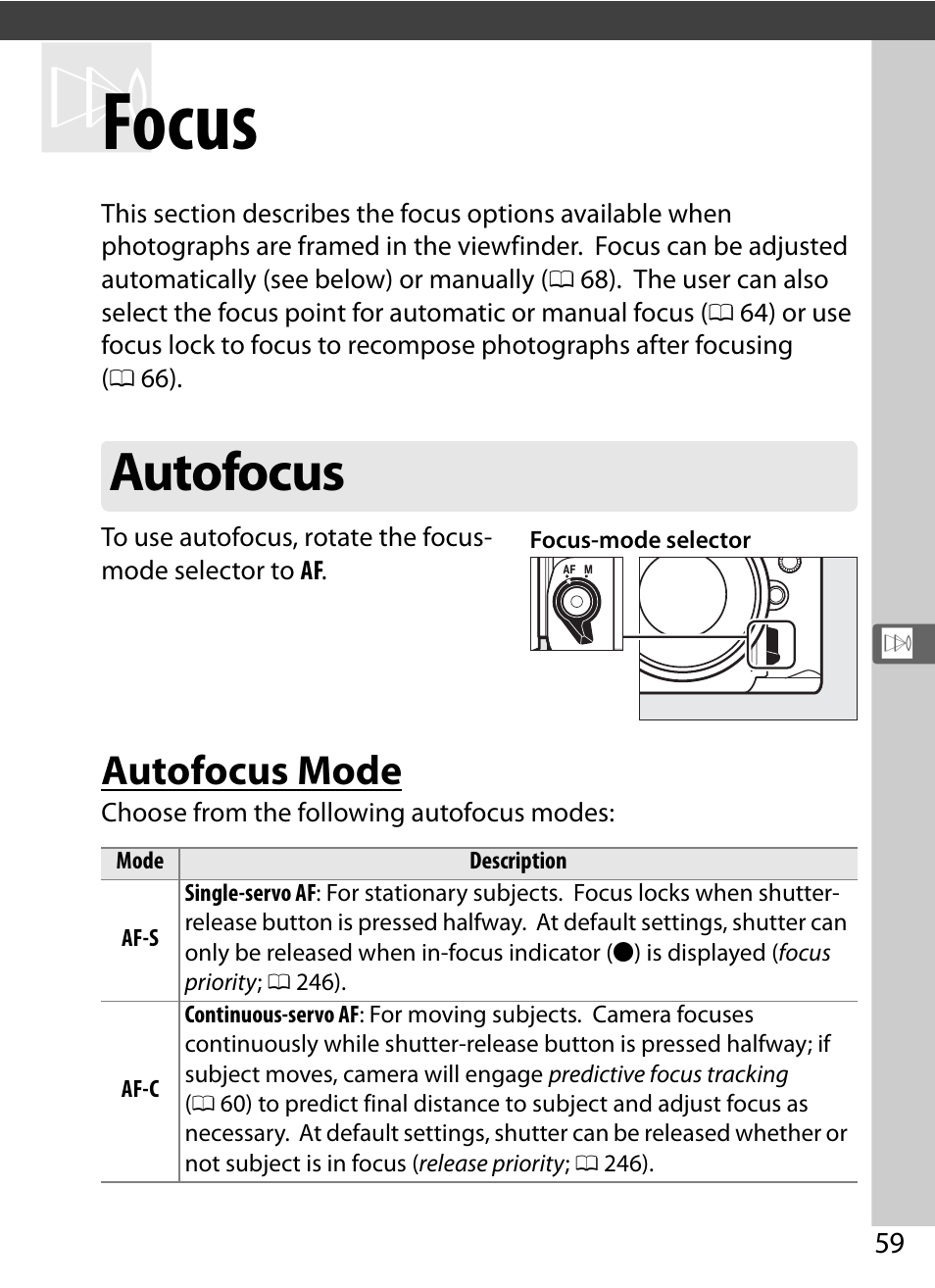 Focus, Autofocus, Autofocus mode | 0 59), singl | Nikon Df User Manual | Page 79 / 396