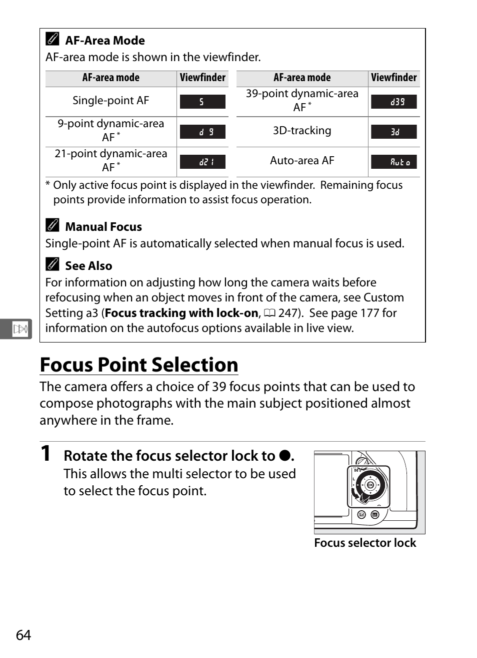 Focus point selection, Rotate the focus selector lock to | Nikon Df User Manual | Page 84 / 396