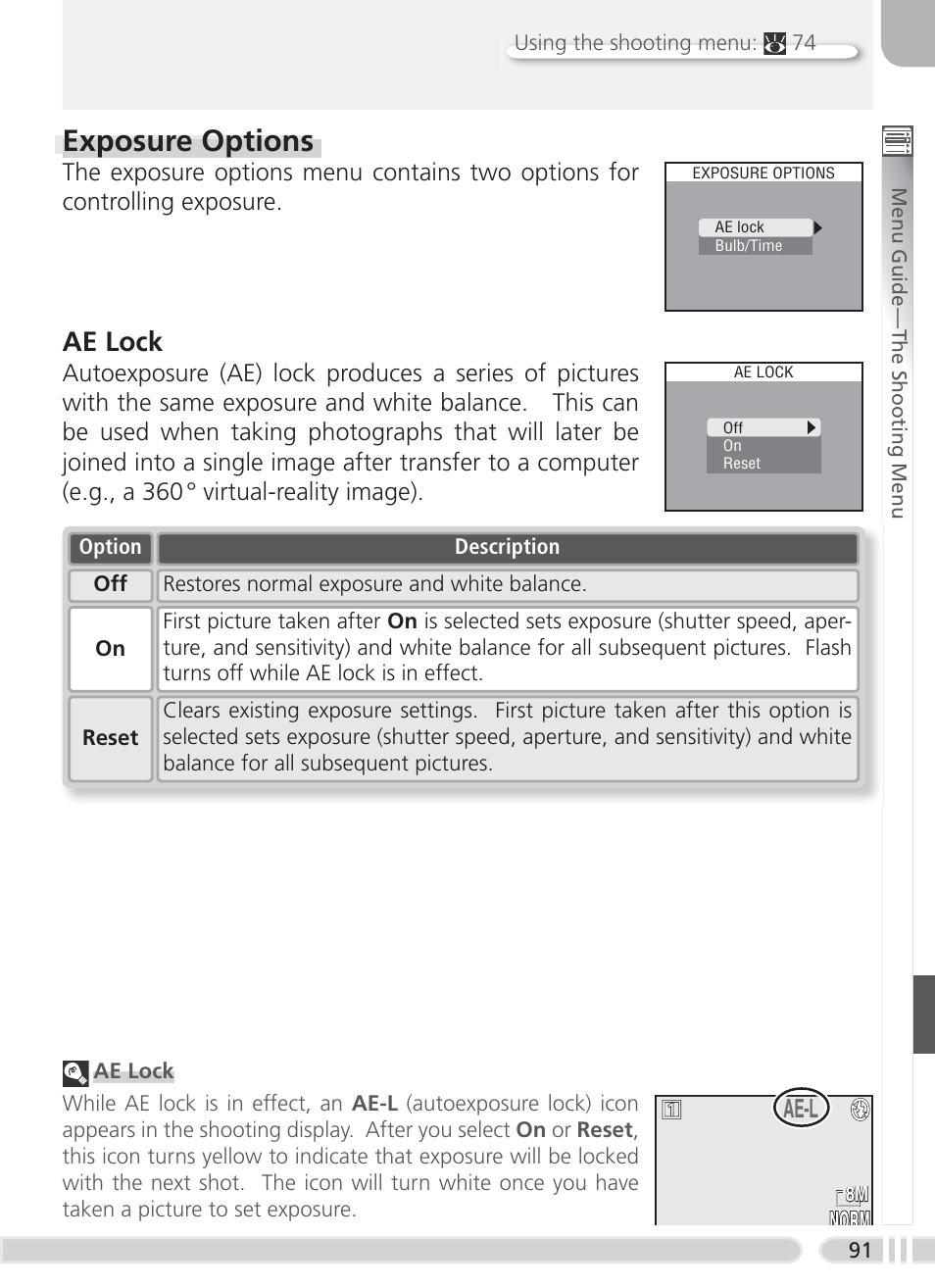 Exposure options, Ae lock, Ae-l | Nikon 8700 User Manual | Page 101 / 164