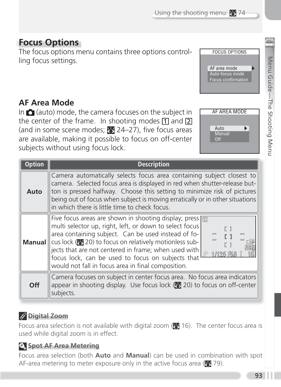 Focus options, Af area mode | Nikon 8700 User Manual | Page 103 / 164