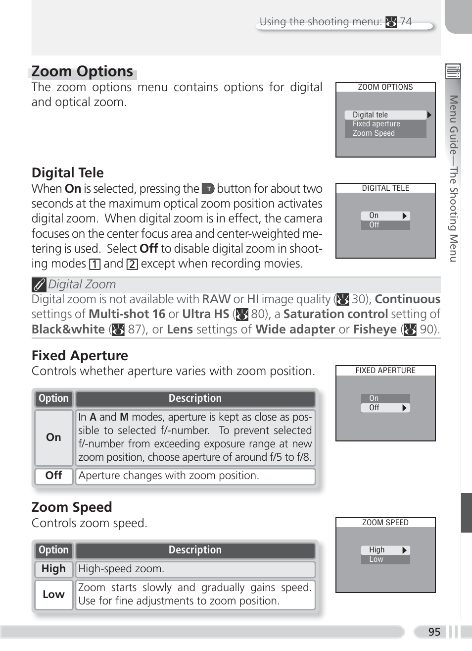 Zoom options, Digital tele, Fixed aperture | Zoom speed | Nikon 8700 User Manual | Page 105 / 164