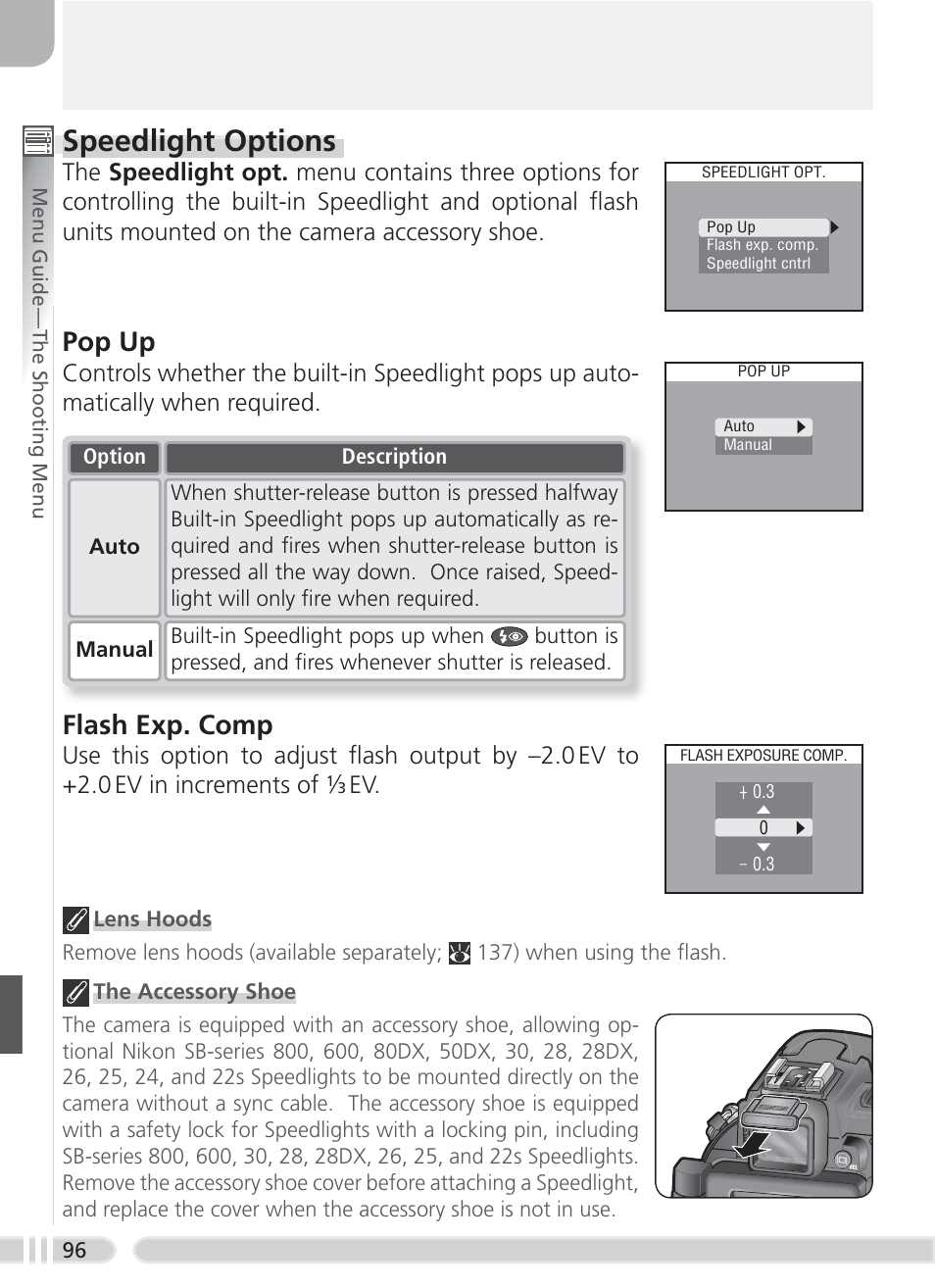 Speedlight options, Pop up, Flash exp. comp | Nikon 8700 User Manual | Page 106 / 164