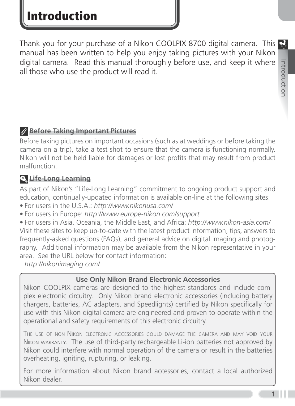 Introduction | Nikon 8700 User Manual | Page 11 / 164