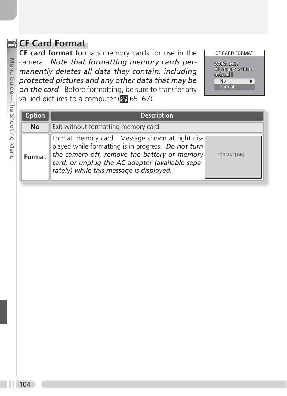 Cf card format | Nikon 8700 User Manual | Page 114 / 164