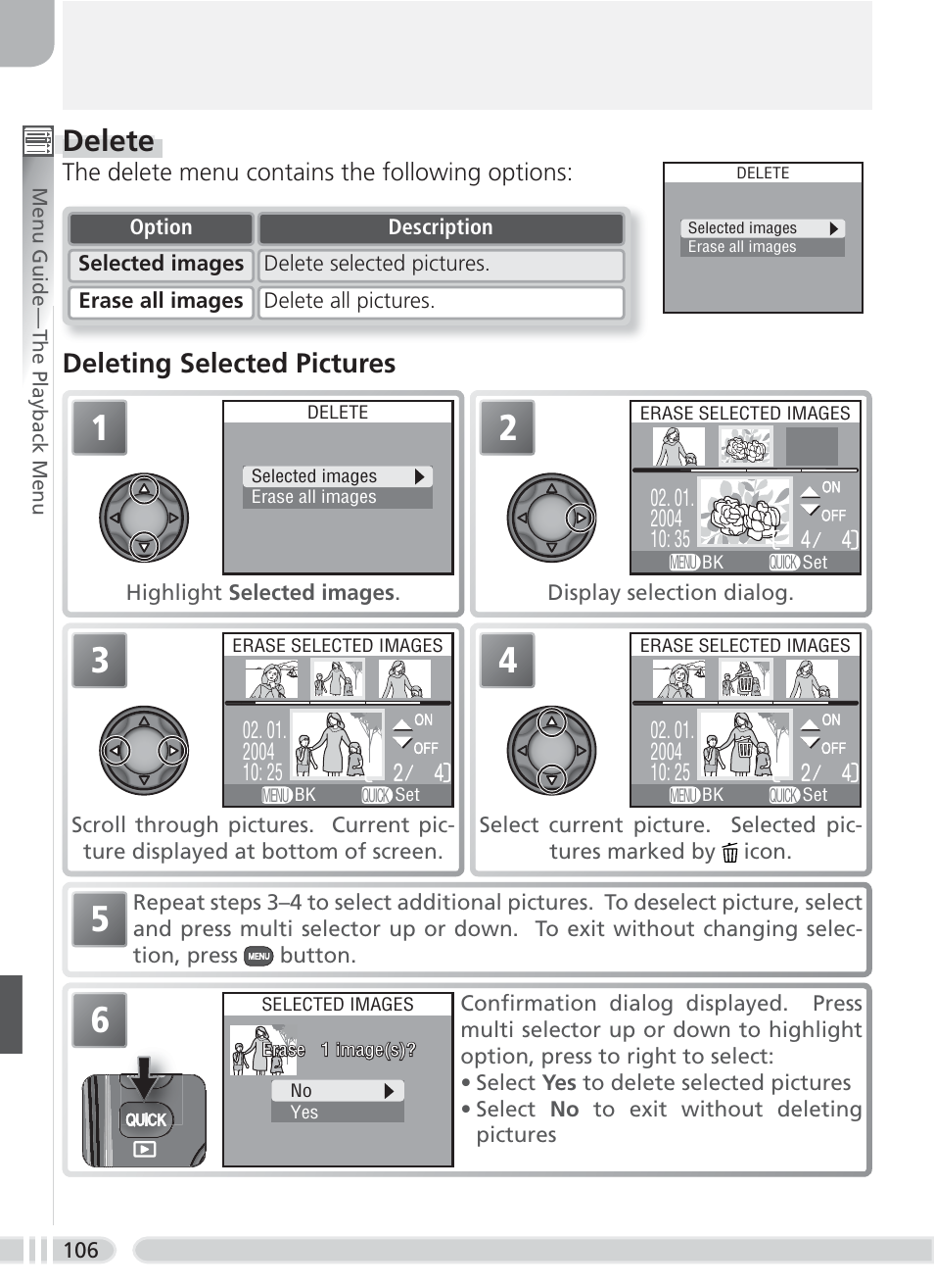 Delete, Deleting selected pictures | Nikon 8700 User Manual | Page 116 / 164