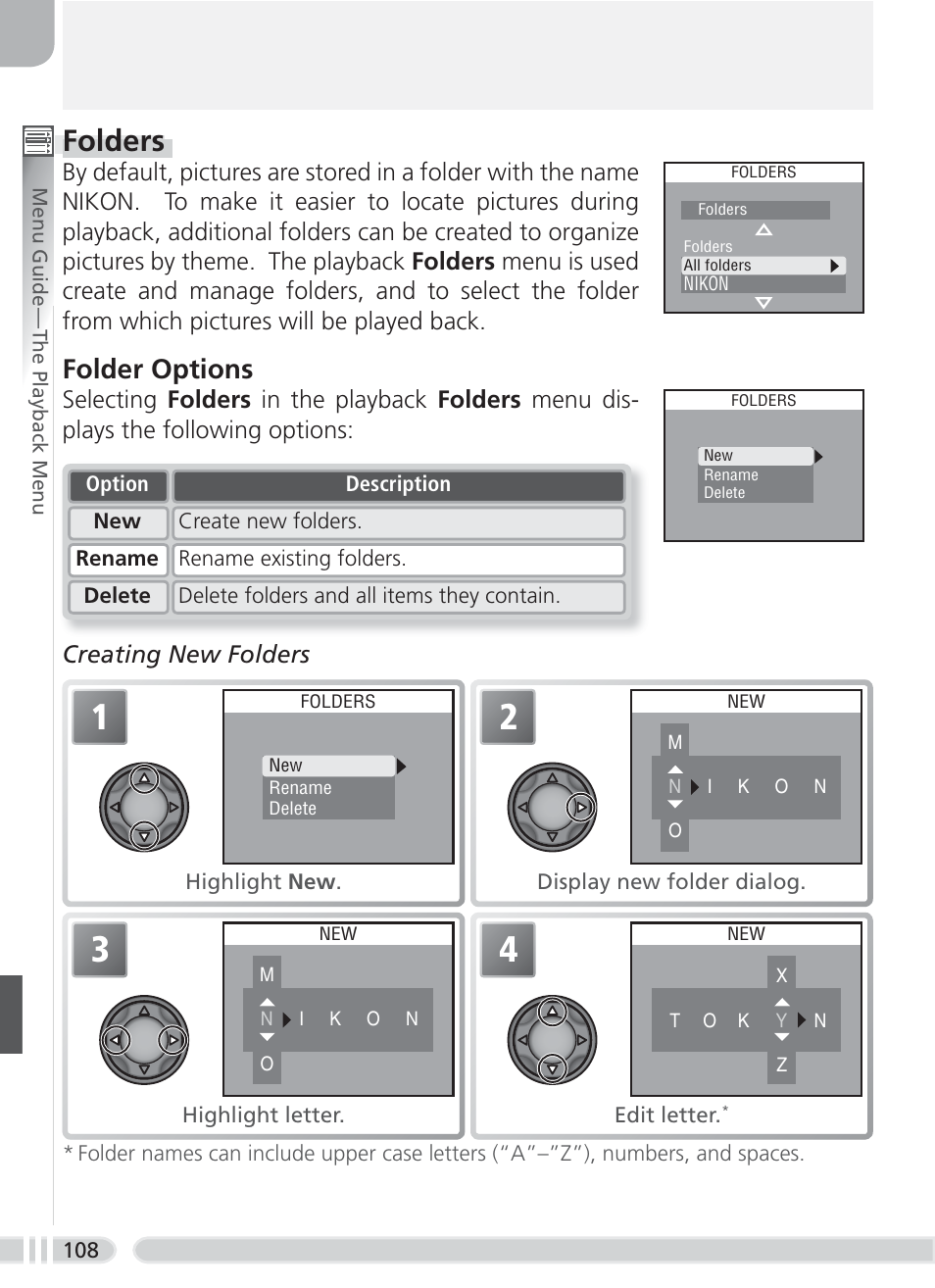 Folders, Folder options, Creating new folders | Nikon 8700 User Manual | Page 118 / 164